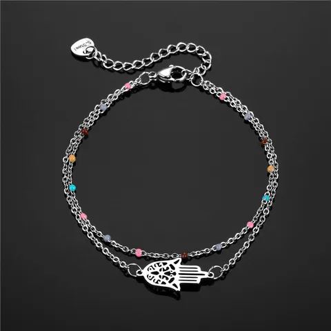 Bracciale a Doppio Strato in Acciaio Inossidabile Mano di Fatima per Donna Catena di Perline Argento Gioiello Etnico Regolabile