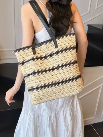 Bohemian Gewebte Stroh Tote Bag Große Kapazität Gestreifte Umhängetasche Für Sommer Strandurlaub Lässige Damen Pendler Handtasche