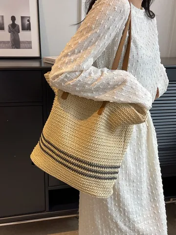 Bohemian Gewebte Stroh Tote Bag Große Kapazität Gestreifte Umhängetasche Für Sommer Strandurlaub Lässige Damen Pendler Handtasche