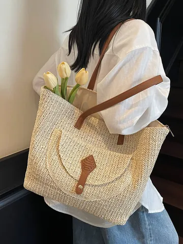 Large Capacity Straw Woven Tote Bag For Women Summer Beach Vacation Shoulder Bag With Front Pocket Zipper Closure Travel Bag