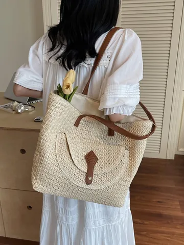 Large Capacity Straw Woven Tote Bag For Women Summer Beach Vacation Shoulder Bag With Front Pocket Zipper Closure Travel Bag