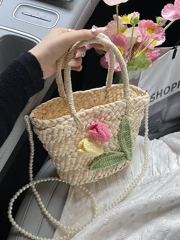Handmade Woven Straw Handbag For Women With Crochet Flower Decoration And Artificial Pearl Chain Strap Summer Beach Vacation Crossbody Bag