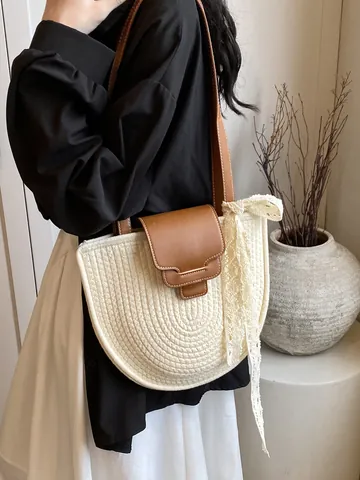 Damen Casual Große Kapazität Gewebte Stroh Umhängetasche Mit PU Leder Klappe Spitze Band Für Sommer Strand Urlaub