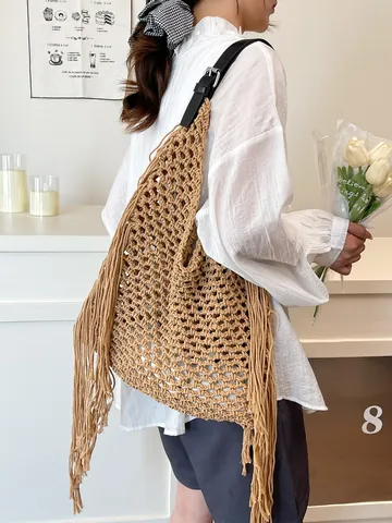 Women's Hollow Out Woven Tote Bag With Long Tassel Fringe Summer Beach Vacation Shoulder Bag Adjustable Faux Leather Strap