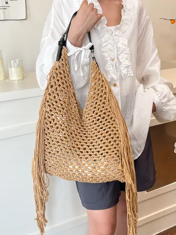 Women's Hollow Out Woven Tote Bag With Long Tassel Fringe Summer Beach Vacation Shoulder Bag Adjustable Faux Leather Strap