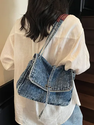 Sac à Épaule en Denim Vintage pour Femmes Grande Capacité Coutures Contrastées Sac Messager Denim Lavé à l'Eau Sac à Main Retro