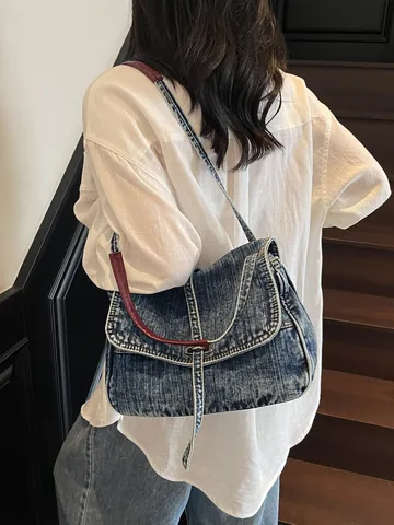 Sac à Épaule en Denim Vintage pour Femmes Grande Capacité Coutures Contrastées Sac Messager Denim Lavé à l'Eau Sac à Main Retro