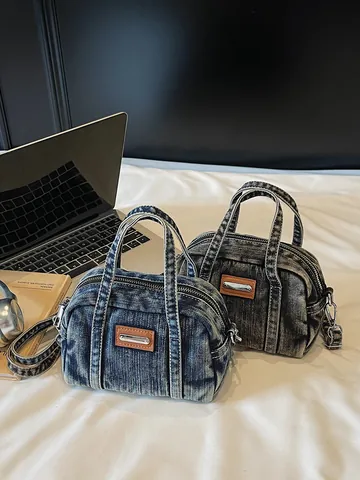 Women Vintage Denim Bowling Bag Fashion Casual Commuting Shoulder Bag Small Boston Handbag With Adjustable Crossbody Strap