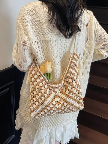 Women Hand Crochet Cotton Thread Woven Tote Bag Bohemian Tassel Shoulder Bag Large Capacity Beach Vacation Handbag