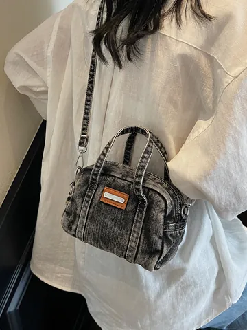 Women Vintage Denim Bowling Bag Fashion Casual Commuting Shoulder Bag Small Boston Handbag With Adjustable Crossbody Strap