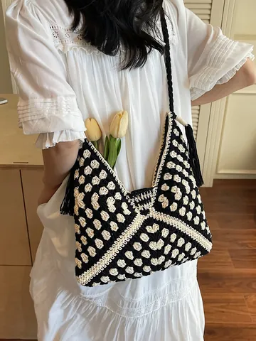 Women Hand Crochet Cotton Thread Woven Tote Bag Bohemian Tassel Shoulder Bag Large Capacity Beach Vacation Handbag