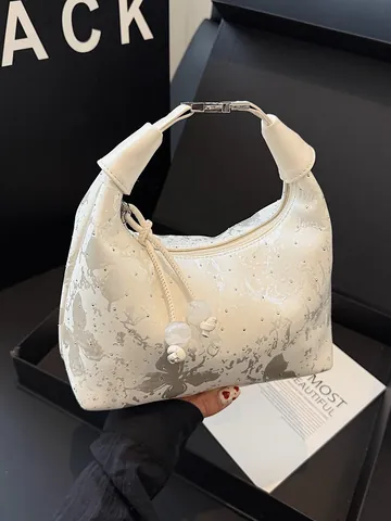 Borsa Hobo da Donna in Tessuto in Nuovo Stile Cinese con Jacquard a Farfalla e Strass Borsa a Mano con Pendente di Perline Fibbia in Metallo Borsa a Spalla