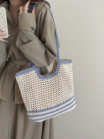 Women Casual Crochet Woven Tote Bag Hollow Knitted Shoulder Bag Large Capacity Beach Vacation Handbag Bohemian Summer Knit Purse