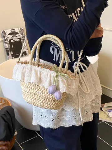 Damen Pastoral Stroh Gewebte Tasche Mit Spitze Tulpe Dekor Künstliche Perlenriemen Sommer Strand Handtasche Umhängetasche Für Urlaub