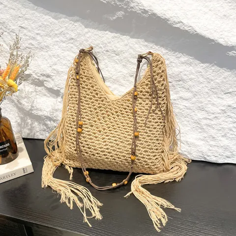 Dames Boheems Gevlochten Tote Bag Handgemaakt Gehaakt Franje Kwastje Stro Schoudertas Met Houten Kralen Strand Vakantie Handtas