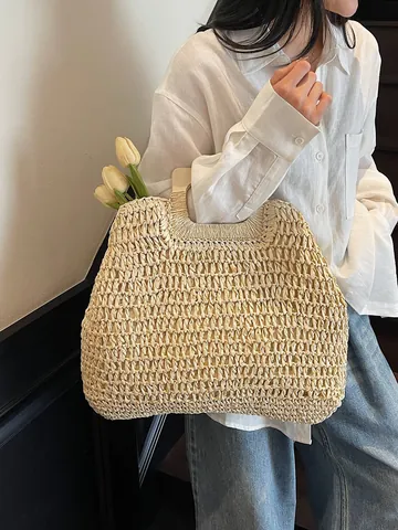 Große Kapazität Damen Gewebte Stroh Handtasche Mit Holzgriff Papierseil Sommer Strand Urlaub Tote Bag Casual Einkaufstasche