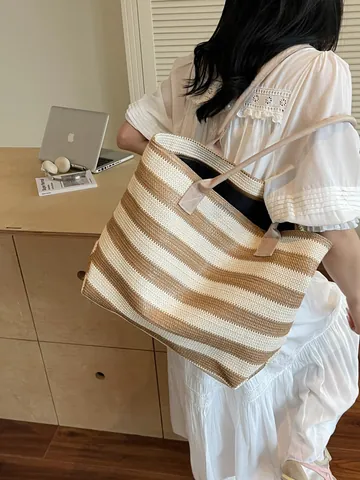 Bolso Tote de Gran Capacidad de Paja Tejida a Rayas para Mujer Color en Contraste Hombro para Vacaciones en Playa