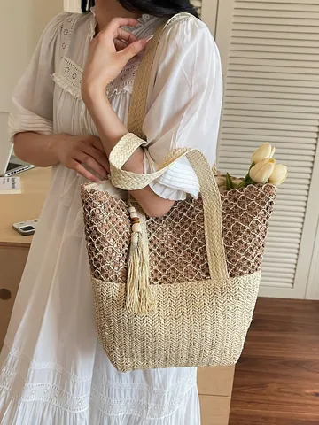Bolso Tote de Paja Tejida para Mujer Gran Capacidad Bloques de Color Playa Vacaciones Bolso de Hombro Borla Verano