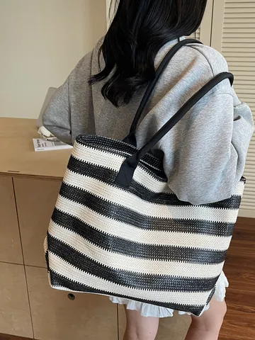 Bolso Tote de Gran Capacidad de Paja Tejida a Rayas para Mujer Color en Contraste Hombro para Vacaciones en Playa