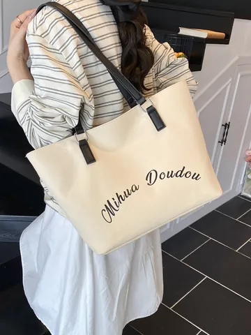 Borsa Tote in Tela Donna Grande Capacità Minimalista Stampa Lettere Borsa a Spalla Per Pendolarismo Viaggio Lavoro Quotidiano