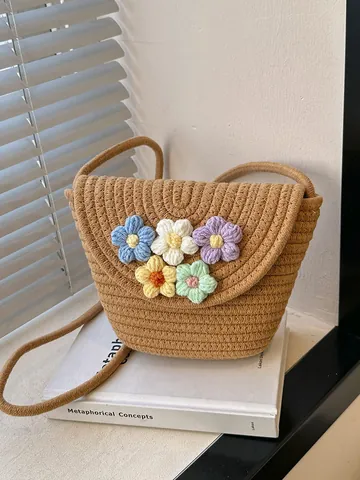Bolso Bandolera de Paja Tejido para Mujer Con Flores de Ganchillo Pequeño Bolso de Cubo Vacaciones Playa Bolso de Hombro para Damas Niñas Estilo Bohemio