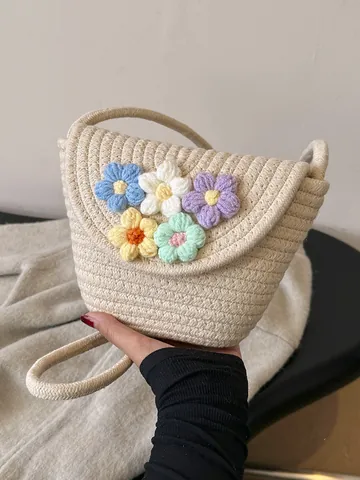 Bolso Bandolera de Paja Tejido para Mujer Con Flores de Ganchillo Pequeño Bolso de Cubo Vacaciones Playa Bolso de Hombro para Damas Niñas Estilo Bohemio