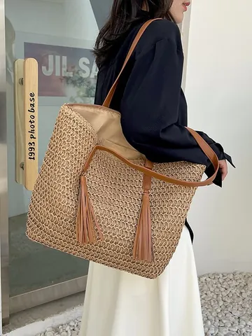 Large Capacity Straw Woven Tote Bag With Tassel Decor Brown Synthetic Leather Handle Zipper Beach Vacation Shoulder Bag