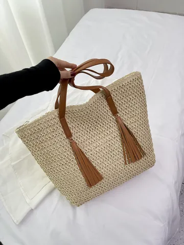 Large Capacity Straw Woven Tote Bag With Tassel Decor Brown Synthetic Leather Handle Zipper Beach Vacation Shoulder Bag