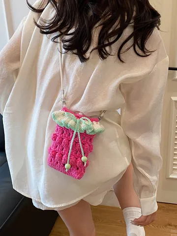 Handgefertigte Gehäkelte Gewebte Handytasche Für Damen Dopamin-Stil Popcorn-Stich Umhängetasche Mini Für Den Strandurlaub