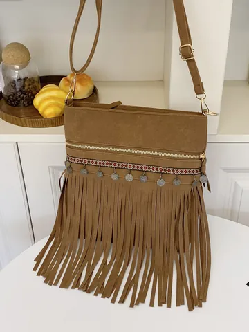 Bohemian Vintage Suede Fringe Crossbody Bag For Women Ethnic Style Weaving Tassel Shoulder Bag Metal Coin Decor Travel Purse