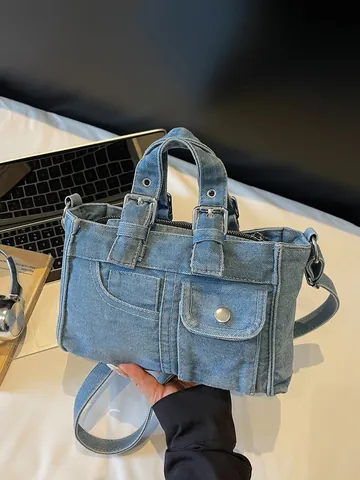 Bolso de Mano de Mezclilla Lavada Vintage para Mujer Y2K Bolso de Hombro con Múltiples Bolsillos y Correa Ajustable Bolso Cruzado Retro Casual