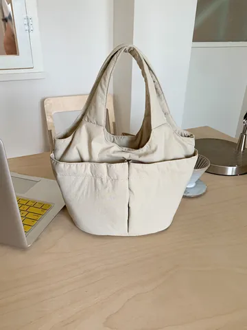 Damen Gesteppte Nylon Tragetasche Große Kapazität Doppeltasche Puffy Eimer Handtasche Leicht Koreanischer Stil Schultertasche
