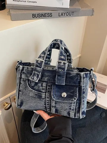 Bolso de Mano de Mezclilla Lavada Vintage para Mujer Y2K Bolso de Hombro con Múltiples Bolsillos y Correa Ajustable Bolso Cruzado Retro Casual