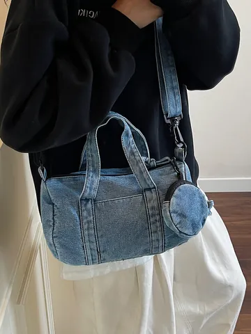 Women Casual Denim Barrel Shoulder Bag With Mini Round Coin Purse Washed Denim Crossbody Bag Versatile Fashion Handbag