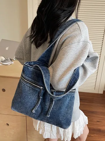 Große Kapazität Denim Tote Bag Für Damen Vintage Gewaschene Denim Schultertasche Reißverschlusstaschen Quasten Mode Lässige Pendler Achseltasche