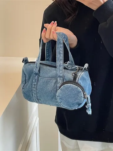 Women Casual Denim Barrel Shoulder Bag With Mini Round Coin Purse Washed Denim Crossbody Bag Versatile Fashion Handbag
