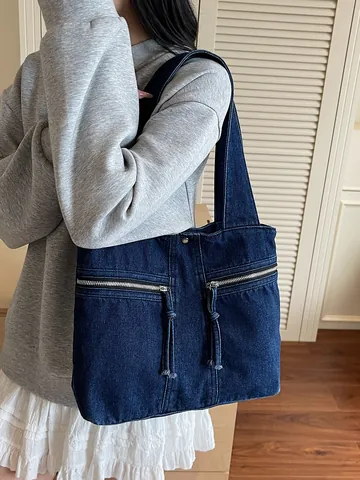 Große Kapazität Denim Tote Bag Für Damen Vintage Gewaschene Denim Schultertasche Reißverschlusstaschen Quasten Mode Lässige Pendler Achseltasche