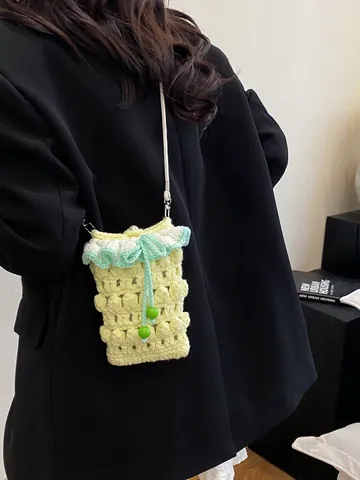 Handgefertigte Gehäkelte Gewebte Handytasche Für Damen Dopamin-Stil Popcorn-Stich Umhängetasche Mini Für Den Strandurlaub