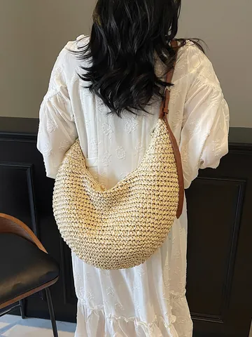 Women Large Capacity Woven Straw Shoulder Bag Crescent Hobo Beach Vacation Handbag Paper Material Synthetic Leather Strap