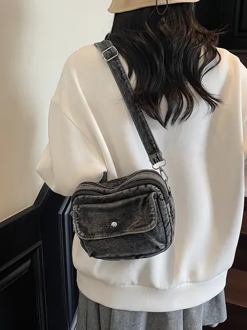 Borsa a Tracolla in Denim da Donna Piccola Borsa Quadrata Vintage Lavata Y2K Borsa a Spalla Multitasche Cerniera Casual per Studenti