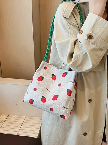 Borsa Tote da Donna con Stampa Fragola Borsa a Tracolla Goffrata in Tessuto Borsa Casual per Shopping Quotidiano Regalo