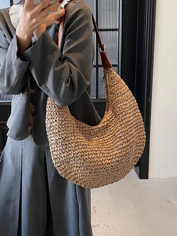 Women Large Capacity Woven Straw Shoulder Bag Crescent Hobo Beach Vacation Handbag Paper Material Synthetic Leather Strap