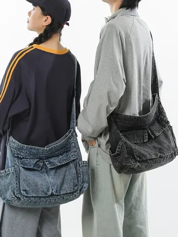 Borsa Tote in Denim Lavato Rétro Grande Capacità Multi Tasca Tracolla per Donna Studenti Daily Casual Streetwear