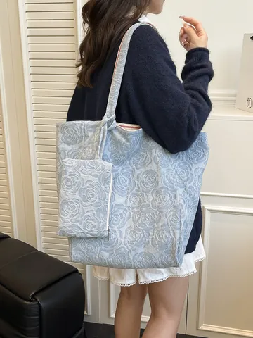 Damen Große Kapazität Tragetasche Rosenblume Jacquard Polyester Schultertasche Mit Passendem Kleinen Beutel Casual Shopping Bag