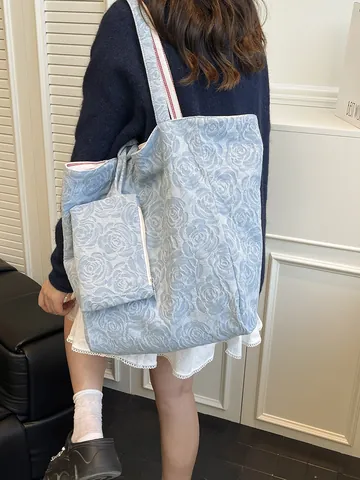 Damen Große Kapazität Tragetasche Rosenblume Jacquard Polyester Schultertasche Mit Passendem Kleinen Beutel Casual Shopping Bag