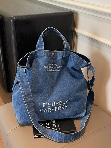 Sac Tote en Denim pour Femmes Grande Capacité Impression de Lettres Toile Lavée Sac à Épaule Main Sac Bandoulière