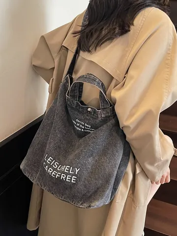 Sac Tote en Denim pour Femmes Grande Capacité Impression de Lettres Toile Lavée Sac à Épaule Main Sac Bandoulière
