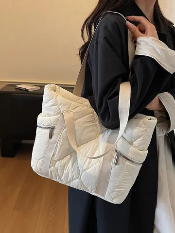 Women's Large Capacity Quilted Tote Bag Diamond Lattice Polyester Puffer Shoulder Bag With Zipper Pockets Casual Commuting Handbag