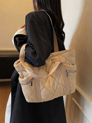 Women's Large Capacity Quilted Tote Bag Diamond Lattice Polyester Puffer Shoulder Bag With Zipper Pockets Casual Commuting Handbag