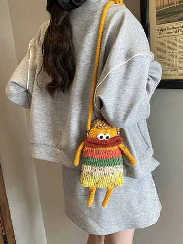 Handmade Knitted Monster Crossbody Bag For Women Cute Cartoon Yellow Striped Woven Small Shoulder Phone Bag Fun Gift